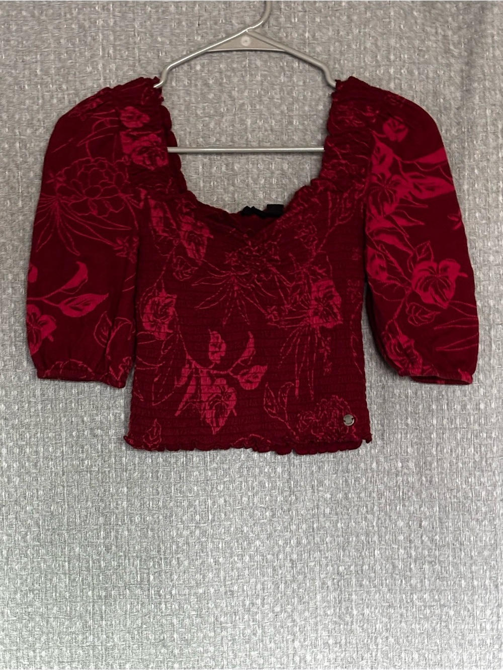 ROXY Women’s Small Red Floral Smocked Crop Top Puff Sleeve Boho